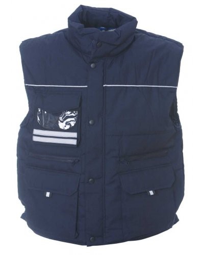 Rainproof padded multi pocket vest with badge holder, polyester and cotton fabric. Colour: Navy blue