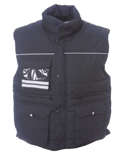 Rainproof padded multi pocket vest with badge holder, polyester and cotton fabric. Colour: black