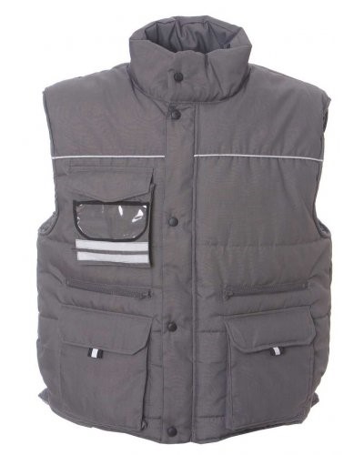 Rainproof padded multi pocket vest with badge holder, polyester and cotton fabric. Colour: grey