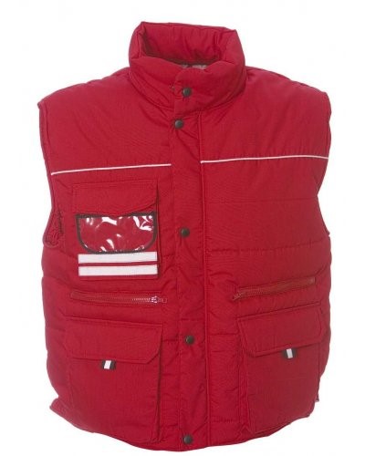 Rainproof padded multi pocket vest with badge holder, polyester and cotton fabric. Colour: red
