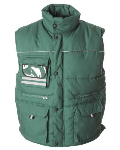 Rainproof padded multi pocket vest with badge holder, polyester and cotton fabric. Colour: green