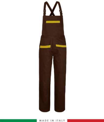 Two tone dungarees. Possibility of personalized production. Made in Italy. Multipockets. Color: brown/yellow
