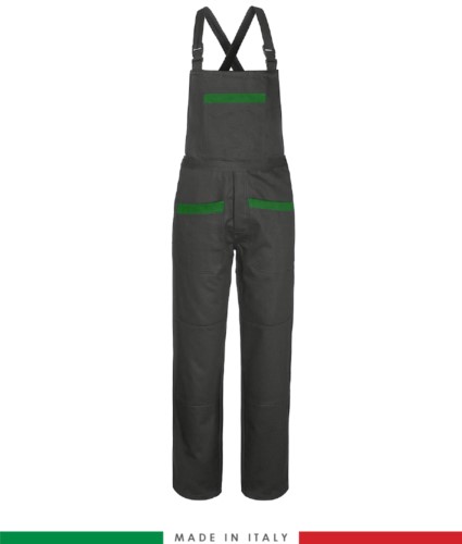 Two tone dungarees. Possibility of personalized production. Made in Italy. Multipockets. Color: grey/green