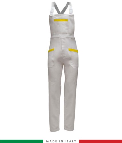 Two tone dungarees. Possibility of personalized production. Made in Italy. Multipockets. Color: white/yellow