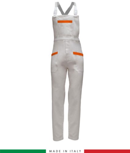 Two tone dungarees. Possibility of personalized production. Made in Italy. Multipockets. Color: white/orange