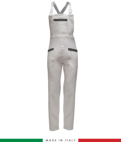 Two tone dungarees. Possibility of personalized production. Made in Italy. Multipockets. Color: white/grey