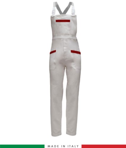 Two tone dungarees. Possibility of personalized production. Made in Italy. Multipockets. Color: white/red
