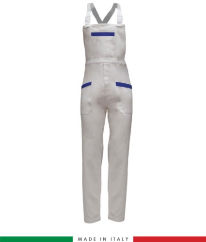 Two tone dungarees. Possibility of personalized production. Made in Italy. Multipockets. Color: white/royal blue