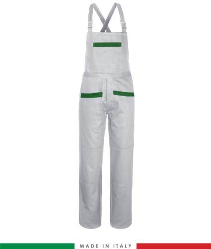 Two tone dungarees. Possibility of personalized production. Made in Italy. Multipockets. Color: white/bright green