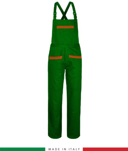 Two tone dungarees. Possibility of personalized production. Made in Italy. Multipockets. Color: bright green/orange
