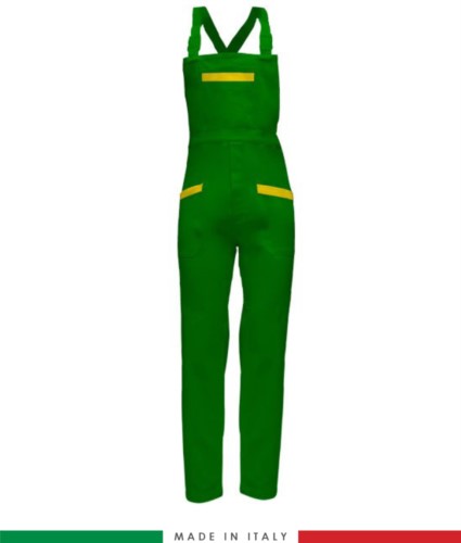Two tone dungarees. Possibility of personalized production. Made in Italy. Multipockets. Color: bright green/yellow