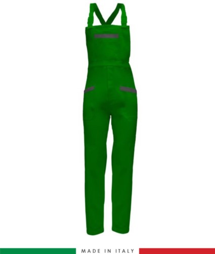 Two tone dungarees. Possibility of personalized production. Made in Italy. Multipockets. Color: bright green/gray
