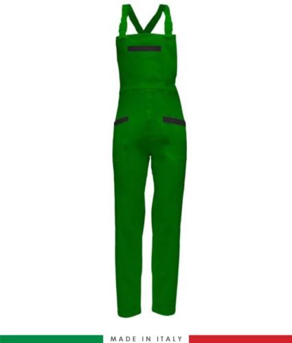 Two tone dungarees. Possibility of personalized production. Made in Italy. Multipockets. Color: bright green/black

