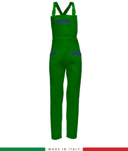 Two tone dungarees. Possibility of personalized production. Made in Italy. Multipockets. Color: bright green/royal blue