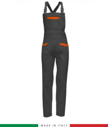 Two tone dungarees. Possibility of personalized production. Made in Italy. Multipockets. Color: grey/orange