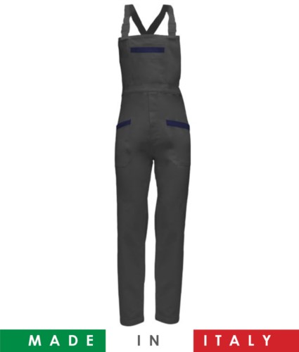 Two tone dungarees. Possibility of personalized production. Made in Italy. Multipockets. Color: grey/navy blue
