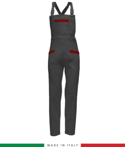 Two tone dungarees. Possibility of personalized production. Made in Italy. Multipockets. Color: grey/red
