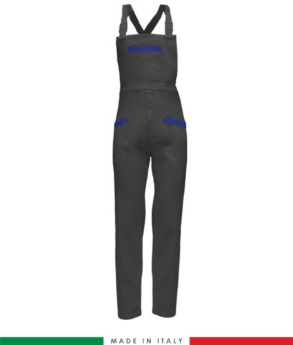 Two tone dungarees. Possibility of personalized production. Made in Italy. Multipockets. Color: grey/royal blue
