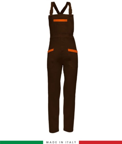 Two tone dungarees. Possibility of personalized production. Made in Italy. Multipockets. Color: brown/orange
