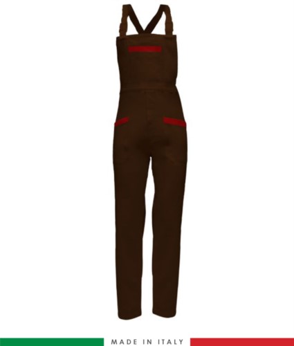 Two tone dungarees. Possibility of personalized production. Made in Italy. Multipockets. Color: brown/red