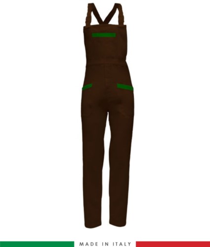 Two tone dungarees. Possibility of personalized production. Made in Italy. Multipockets. Color: brown/bright green