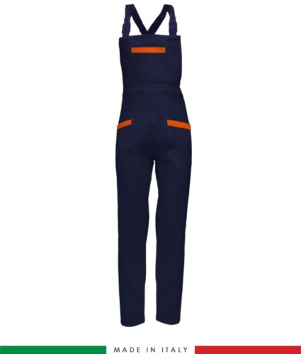 Two tone dungarees. Possibility of personalized production. Made in Italy. Multipockets. Color: navy blue/orange