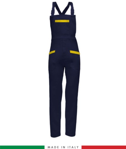 Two tone dungarees. Possibility of personalized production. Made in Italy. Multipockets. Color: navy blue/yellow