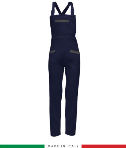 Two tone dungarees. Possibility of personalized production. Made in Italy. Multipockets. Color: navy blue/grey