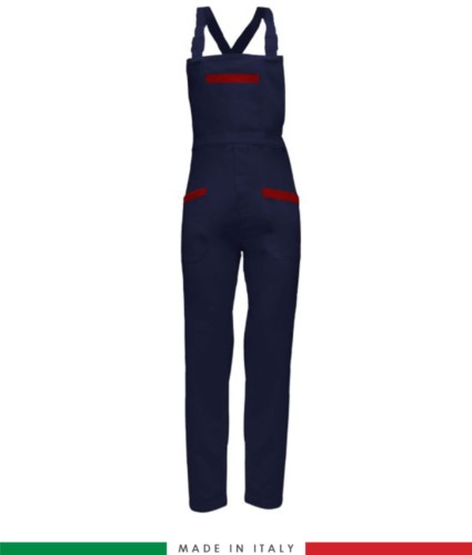 Two tone dungarees. Possibility of personalized production. Made in Italy. Multipockets. Color: navy blue/red
