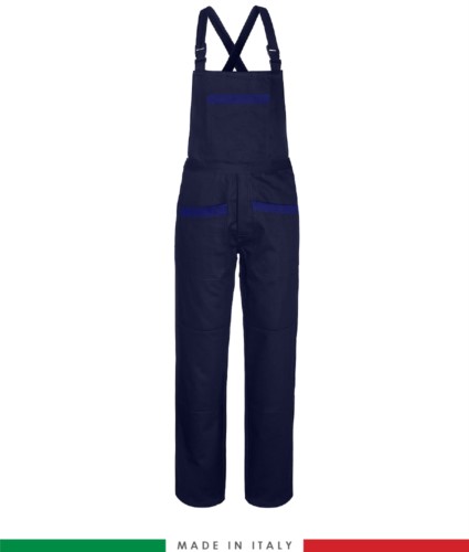 Two tone dungarees. Possibility of personalized production. Made in Italy. Multipockets. Color: navy blue/royal blue
