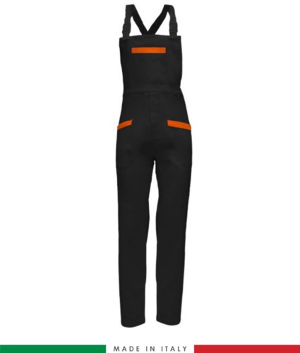 Two tone dungarees. Possibility of personalized production. Made in Italy. Multipockets. Color: black/orange
