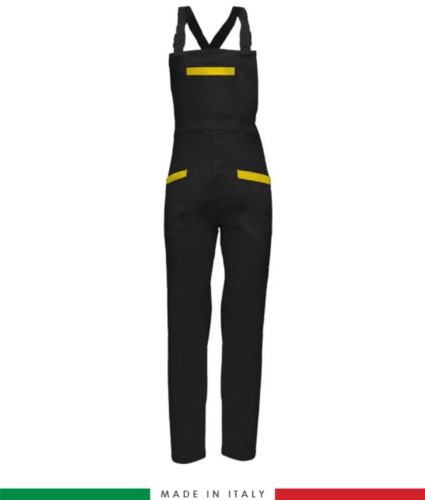 Two tone dungarees. Possibility of personalized production. Made in Italy. Multipockets. Color: black/yellow