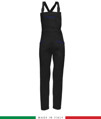 Two tone dungarees. Possibility of personalized production. Made in Italy. Multipockets. Color: black/navy blue