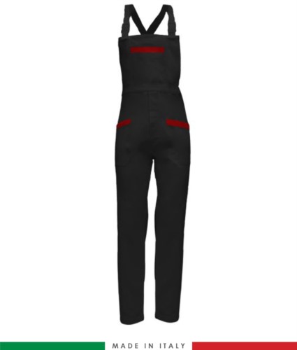 Two tone dungarees. Possibility of personalized production. Made in Italy. Multipockets. Color: black/red