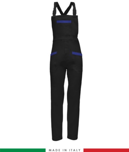 Two tone dungarees. Possibility of personalized production. Made in Italy. Multipockets. Color: black/royal blue