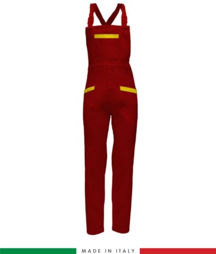 Two tone dungarees. Possibility of personalized production. Made in Italy. Multipockets. Color: red/yellow