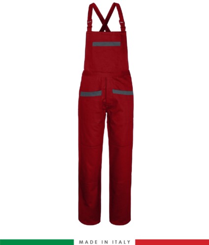 Two tone dungarees. Possibility of personalized production. Made in Italy. Multipockets. Color: red/grey
