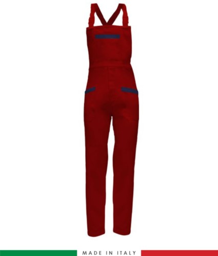 Two tone dungarees. Possibility of personalized production. Made in Italy. Multipockets. Color: red/navy blue