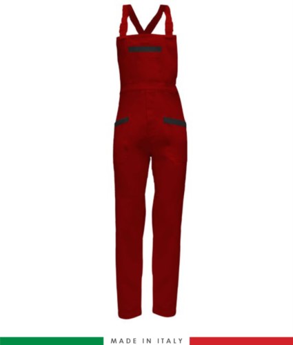 Two tone dungarees. Possibility of personalized production. Made in Italy. Multipockets. Color: red/black
