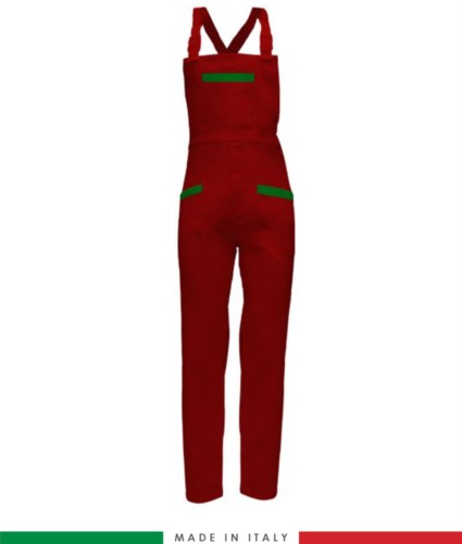 Two tone dungarees. Possibility of personalized production. Made in Italy. Multipockets. Color: red/bright green