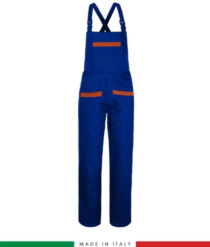 Two tone work dungarees. Possibility of personalized production. Made in Italy. Multipockets. Color: Royal blue/orange