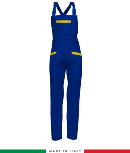 Two tone work dungarees. Possibility of personalized production. Made in Italy. Multipockets. Color: Royal blue/yellow