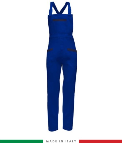 Two tone work dungarees. Possibility of personalized production. Made in Italy. Multipockets. Color: Royal blue/navy blue
