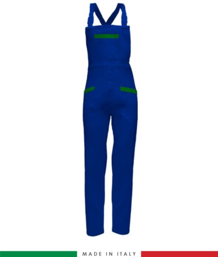 Two tone work dungarees. Possibility of personalized production. Made in Italy. Multipockets. Color: Royal blue/bright green