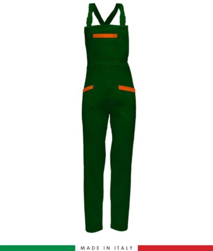 Two tone dungarees. Possibility of personalized production. Made in Italy. Multipockets. Color: bottle green/orange