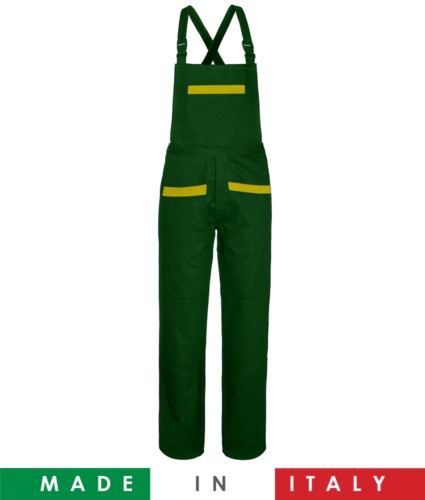 Two tone dungarees. Possibility of personalized production. Made in Italy. Multipockets. Color: bottle green/yellow