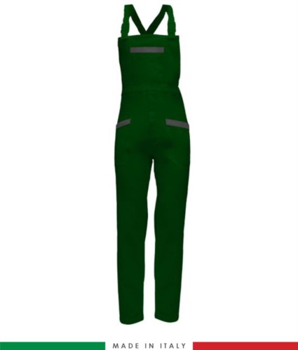 Two tone dungarees. Possibility of personalized production. Made in Italy. Multipockets. Color: bottle green/grey