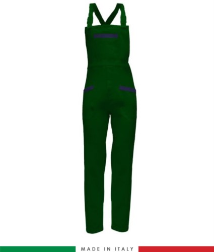 Two tone dungarees. Possibility of personalized production. Made in Italy. Multipockets. Color: bottle green/navy blue
