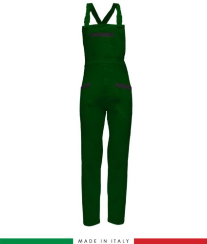 Two tone dungarees. Possibility of personalized production. Made in Italy. Multipockets. Color: bottle green/black
