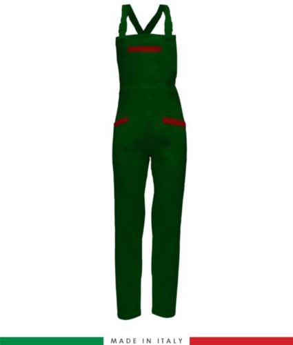 Two tone dungarees. Possibility of personalized production. Made in Italy. Multipockets. Color: bottle green/red
